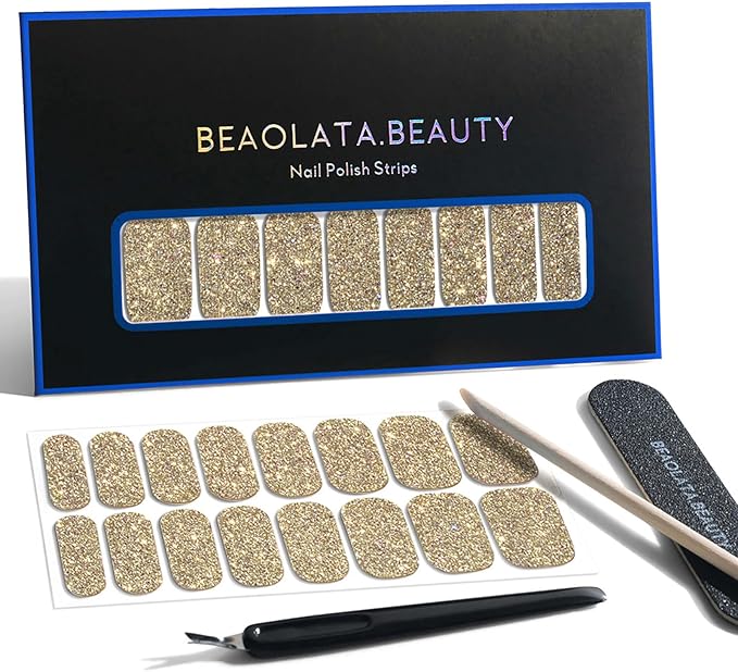 Nail Polish Strips, 32PCS Salon Quality Wraps, Long Lasting Gel Nail Stickers for Women Easy Apply& Remove (Liquid Gold)