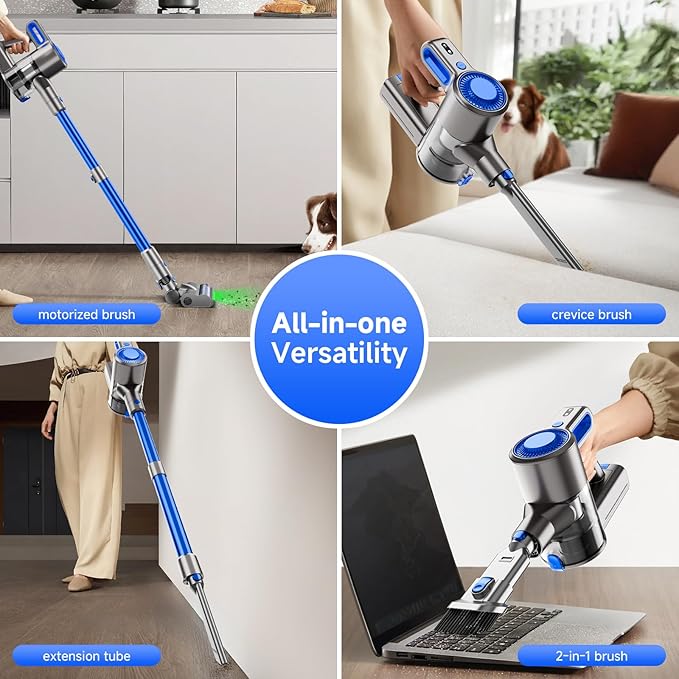Cordless Vacuum Cleaner for Home, Powerful Stick Vacuum with Rechargeable Battery, Green Light Anti-Tangle Brush, 6-in-1 Lightweight Handheld Vacuum for Pet Hair, Hard Floor, Carpet, Blue