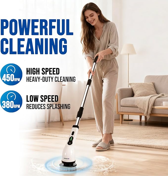 Electric Spin Scrubber Cordless Electric Cleaning Brush with LCD Power Display 9 Replaceable Heads Dual Speed IPX7 Waterproof Electric Scrubber for Cleaning Bathroom Tiles Floor Kitchen & Car