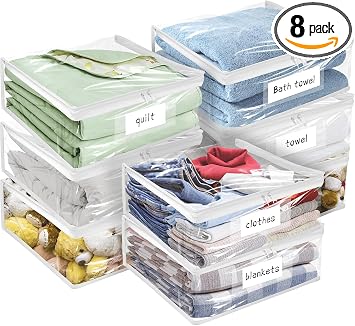 Plastic Storage Bags with Easy-Glide Zipper, Pack of 8, Durable Clear Vinyl Zippered Storage Bags for Clothes Sweaters C