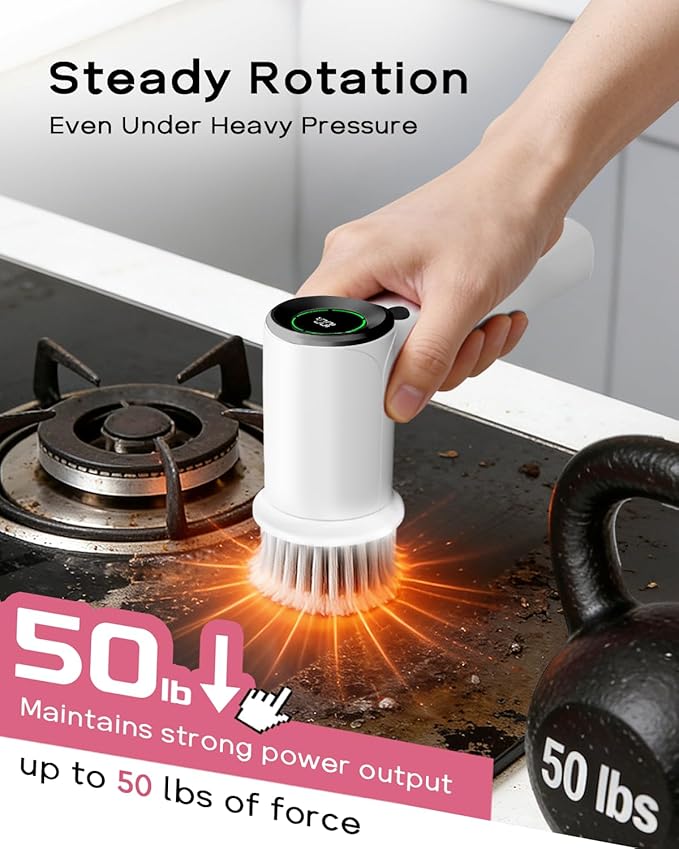 PUFTEM Electric Spin Scrubber for Bathroom Cleaning, Cordless Shower Scrubber with 6 Brush Heads, Dual-Direction Rotation, Handheld Cleaning Brush for Grout, Tile, Tub, Sink & Corners, White