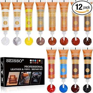 12 Colors Leather Repair Kit - for Furniture Car Seats Couches Sofa Shoes Boat, Leather Dye Restore Scratches Tears Hole