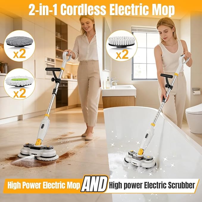 Cordless Electric Mop for Dewalt 20V Battery (NO Battery), 2 in 1 Spin Mop & Electric Floor Scrubber Machine with LED Light & Water Spray, 800 RPM Rotating Electric Mops for Floor (White Yellow)