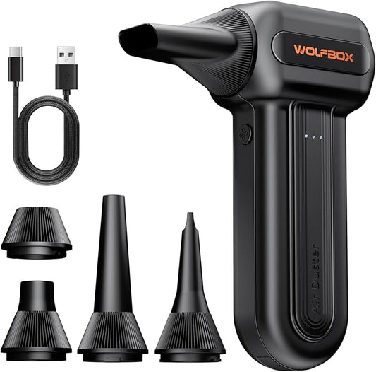 WOLFBOX MF60&MF70 Compressed Air Duster-110000RPM Super Power Electric Air Duster, 3-Speed Adjustable Rechargeable Cordless Air Blower with Fast Charging for PC Keyboard Cleaning, Car, Home (Black)