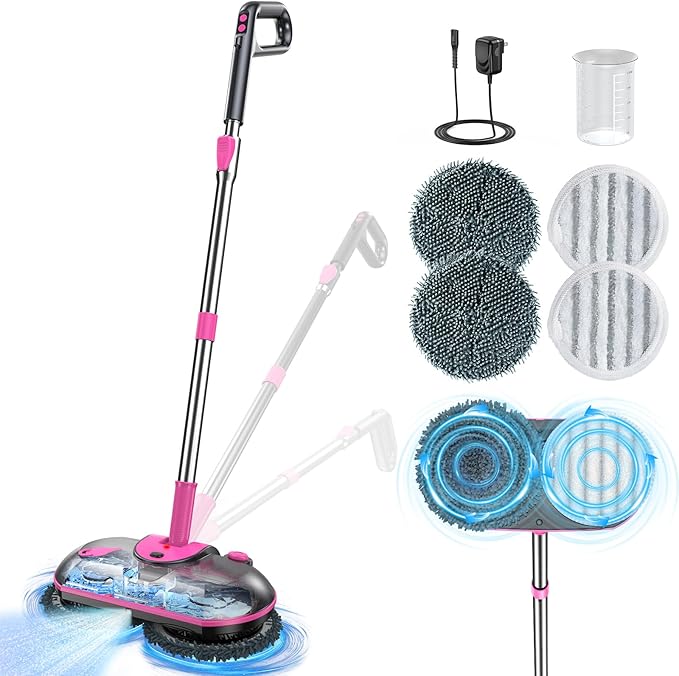 Cordless Electric Mop, Electric Spin Mop with Water Sprayer, Powerful Floor Cleaner, 300ml Tank Self-Propelled for Hardwood & Tile, Adjustable Handle, 2500mAh Long-Lasting Battery, Pink