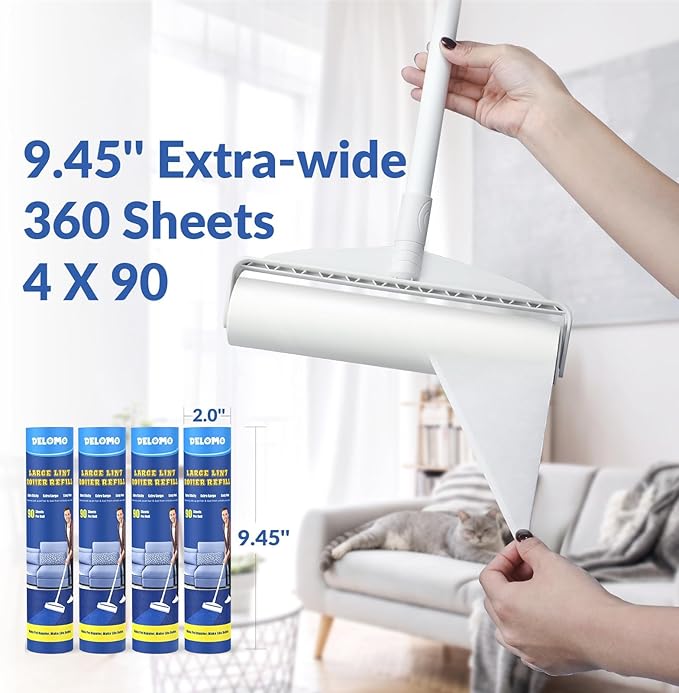 DELOMO Large Lint Roller Refills (2 Pack, 180 Sheets) – Compatible Only with DELOMO 9.45 in Floor Lint Roller – Extra Sticky Floor Lint Roller Refill for Carpets, Cars, Beds, Couches & Pet Hair