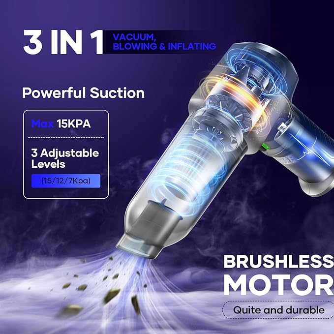 SakerPlus Mini Vacuum Cleaner, 3 in 1 Car Vacuum Cleaner High Power, 15000PA Powerful Suction, Air Duster, 7500mAh, Dual Filter,Adjustable Small Vaccum Portable Cordless for Cars,Desktop - Deep Blue