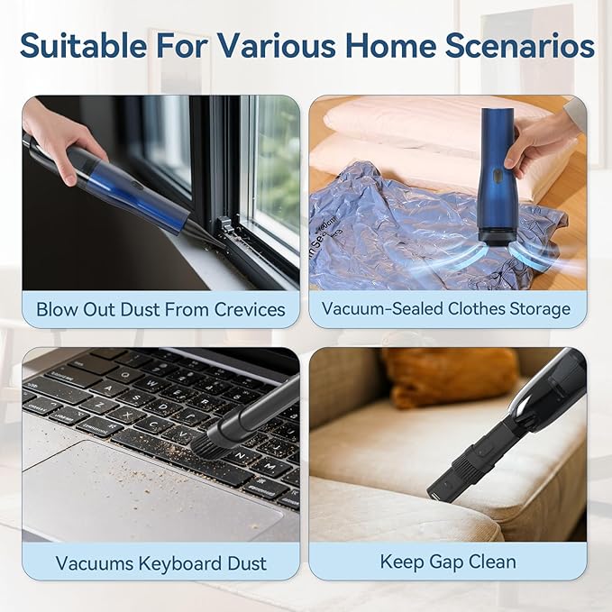 Handheld Vacuum Car Vacuum, 2 in 1 Air Duster Mini Vacuum Cleaner Small Portable Rechargeable Car Seats, Home, Quick Cleanup, Strong Suction, Lightweight, Includes Crevice Nozzle & Brush -H2