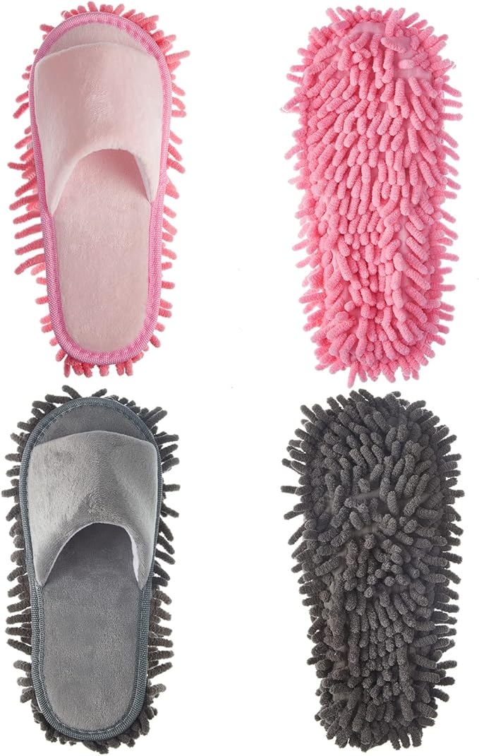 Jecery 2 Pairs Microfiber Cleaning Mop Slippers for Floor Cleaning House Mop Shoes Men and Women Washable Unisex Dusting Slippers Dirt Tool Supplies(Medium,Pink, Gray)
