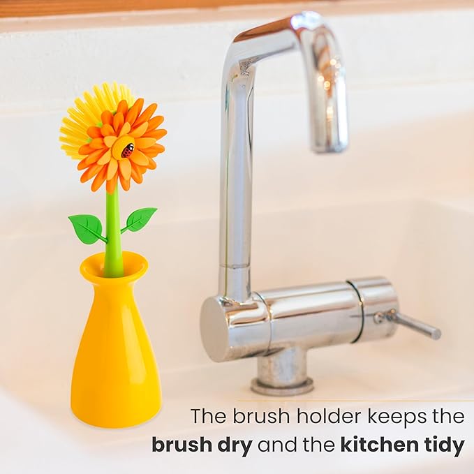 Vigar Flower Power Dish Brush with Handle and Vase Holder - Dish Scrub Brush for Dishes, Kitchen Scrub Brush, Dish Brush with Handle, Sink Cleaning Brush, Pot Scrubber, Dishwashing Brush - Orange