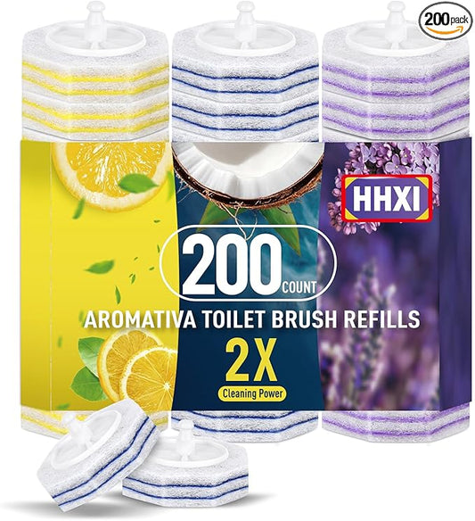 200Ct Aromative Toilet Brush Refills, Toilet Bowl Cleaner Refills, Double-Layer Cleaning Pads Added, Disposable Refill Heads for Toilet Bowl Cleaner Wands，Bulk （Patented）