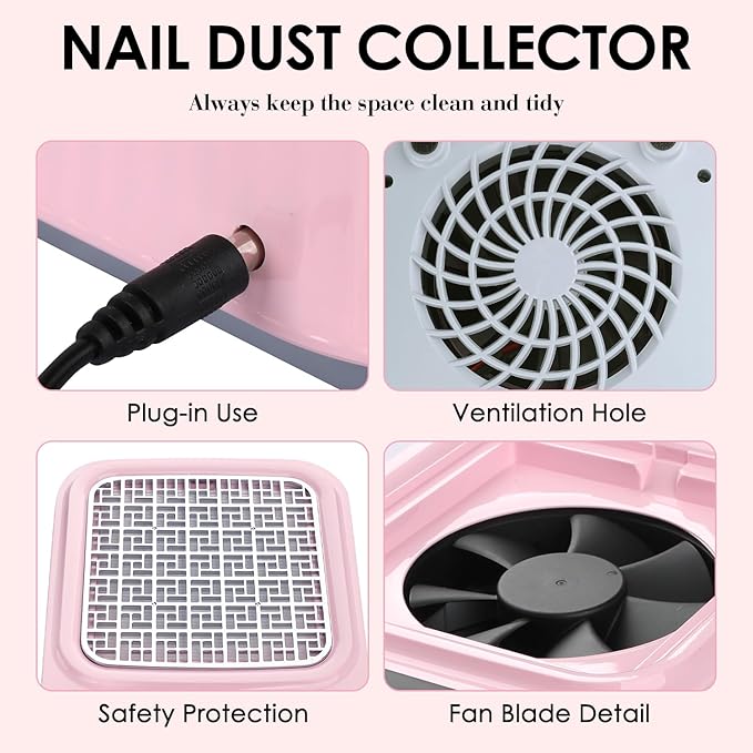 Pink Nail Dust Collector with Reusable Filter for Acrylic Gel Nails, Power Nail Vacuum Cleaner Dust Catcher Adjustable Dust Sucker for Nails Manicure Pedicure at Home Nail Salons