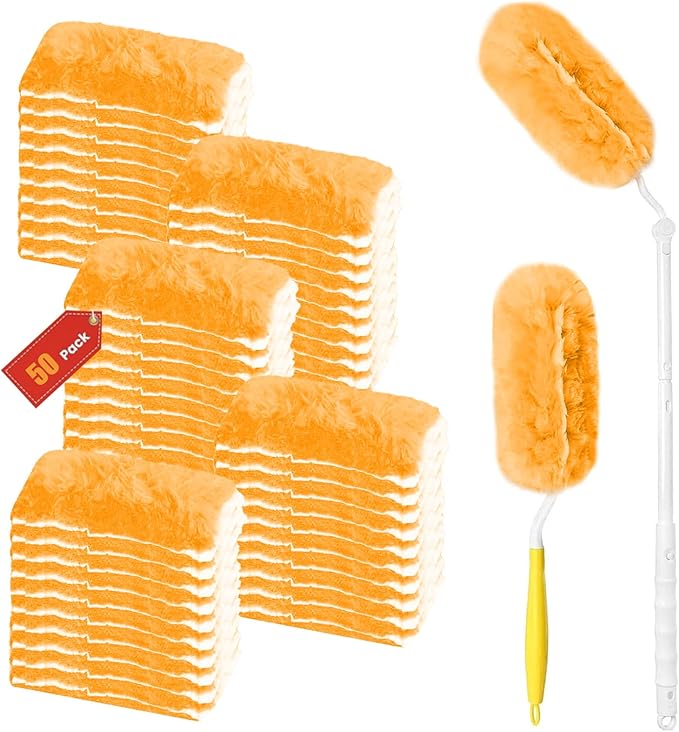 Duster Refill for Swiffer Duster, 50 Count Disposable Dusters Kit for Cleaning Dusting Furniture Blind Ceiling Fan, Multi Surface 360 Feather Duster + 3FT Extended Handle + Short Handle