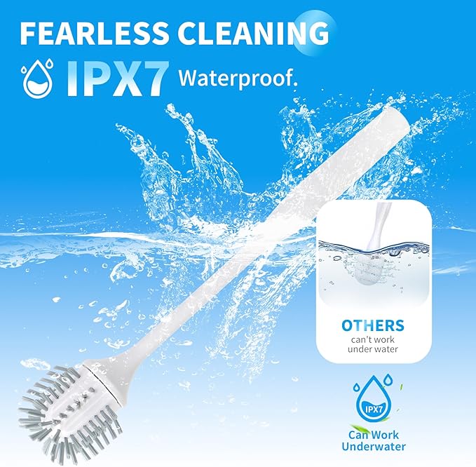 Electric Toilet Brush, Ultra Quiet & Powerful Scrubbing, IPX7 Waterproof Self-Cleaning Brush for Toilet/Bathtub/Grout, Cordless Spin Scrubber with 320RPM Turbo Power - White