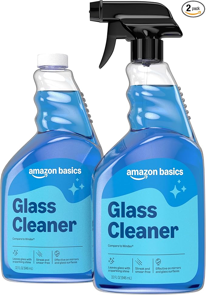 Amazon Basics Glass Cleaner, Streak-Free Shine, 32 Fl Oz, Pack of 2 with 1 Sprayer