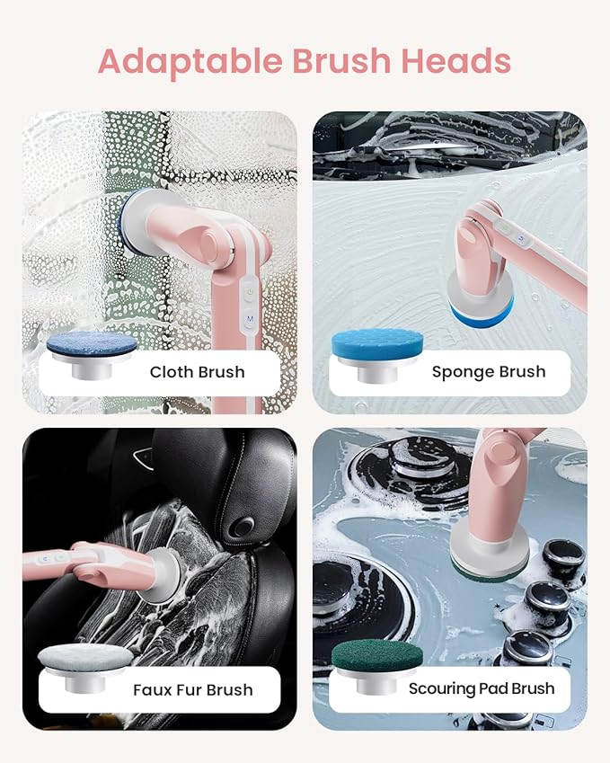 Leebein Electric Spin Scrubber, Shower Scrubber with 4 Adjustable Angles and 8 Brush Heads, Electric Scrubber with Long Handle & Remote Controller, Cleaning Brush for Bathroom, Tub, Floor (Pink)