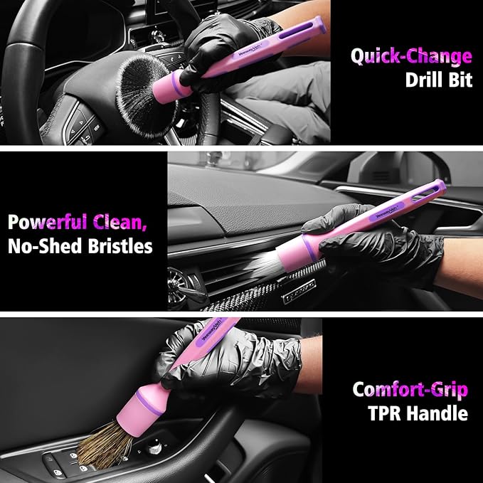 3Pcs Car Detailing Drill Brush Set with Drill Brush Attachment Head, 1P Ultra Soft No Scratch Car Drill Brush for Air Vent Leather Seat, 1P Boars Hair & 1P Detailing Brushes for Interior Exterior,Pink