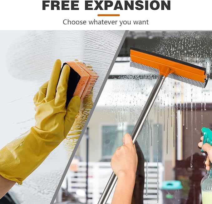 15.9" Window Squeegee with Extension Pole - 2-in-1 Glass Cleaner and Sponge Scrubber for Shower, Car Windshield, Home and Outdoor High Windows with Stainless Steel Handle