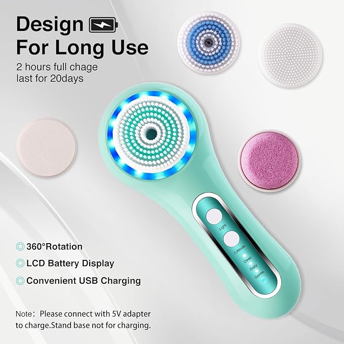 UMICKOO Electric Facial Cleansing Brush, 2-Way Rotating Face Scrubber for Daily & Deep Cleaning, 3 Modes, 5 Brush Heads, Rechargeable, IPX7 Waterproof for All Skin Types
