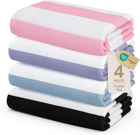 Touchat 4 Pack Beach Towels Cabana Stripe Polyester Lightweight Quick-Dry Swim Pool Towel, 30'' x 60'' Oversized Compact