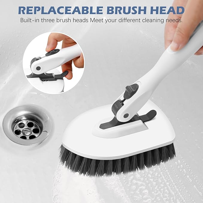 SetSail 4-in-1 Tile Tub Floor Scrubber with 52-inch Adjustable Long Handle Shower Cleaner Brush Comes with Floor Scrub Brush and 3 Replacement Brush Heads for Cleaning Bathroom Tub Tile, White Grey