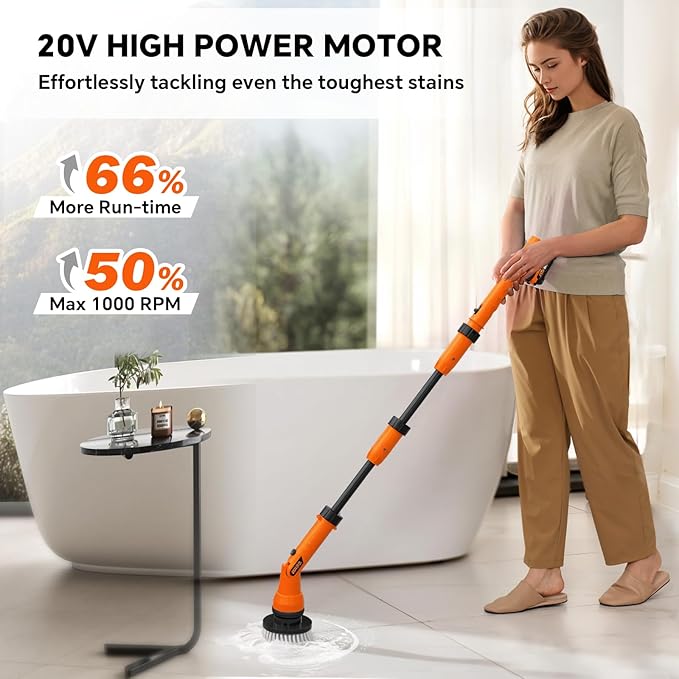 2 Battery Electric Spin Scrubber, 1000RPM Cordless Cleaning Brush Waterproof with 20V Power Supplied, Adjustable Extension Handle, 4 Replaceable Cleaning Heads, Hook, Gloves - for Tub/Tile/Wall/Floor