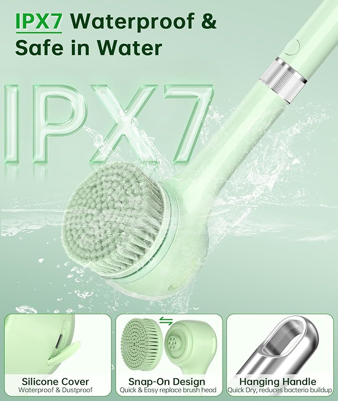 Electric Body Brush Back Scrubber for Shower, Waterproof Long Handle Power Auto Body Scrubber with 5 Heads, 3-Speed Rechargeable Bath Brush for Women, Men, Deep Cleansing, Exfoliating, Massage Skin