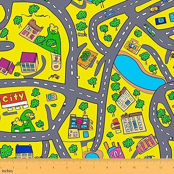 Erosebridal Kids' Play Mat Fabric by The Yard, Cartoon City Runway Upholstery Fabric, Hand-Drawn Town Decorative Fabric,