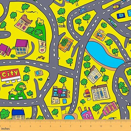 Erosebridal Kids' Play Mat Fabric by The Yard, Cartoon City Runway Upholstery Fabric, Hand-Drawn Town Decorative Fabric,
