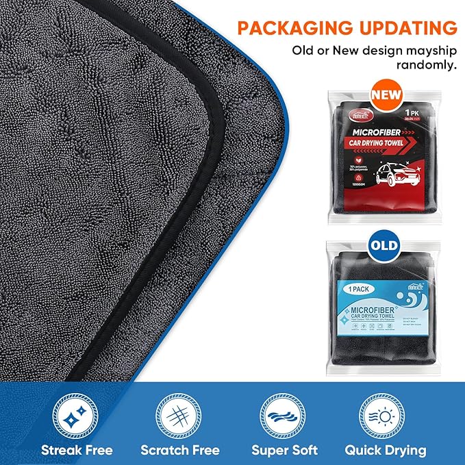 HOMEXCEL Professional Car Drying Towel (36"x 24") with Twisted-Loop Technology, 1200GSM for a Streak-Free Finish – Microfiber Towels for Cars, Trucks, SUVs, RVs and Motorcycles