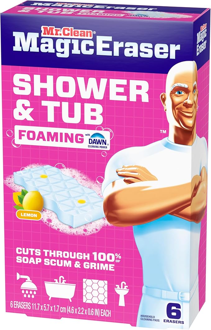 Mr. Clean Magic Eraser Sponge, Bathroom, Shower, Tub Cleaner, Soap Scum Remover, Bathroom Cleaning Supplies, Dawn Cleaning Power with Lemon Scent, Shower & Tub, 6ct (Pack of 4)