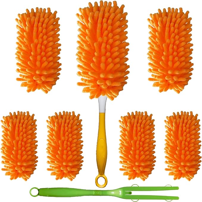 Reusable Duster for Swiffer, 360 Heavy Duty Duster Refill Compatible with Swiffer Hand Dusters for Dusting Furniture, Blinds, Ceiling Fans, Walls and More, 6 Refills +1 Handle, Orange