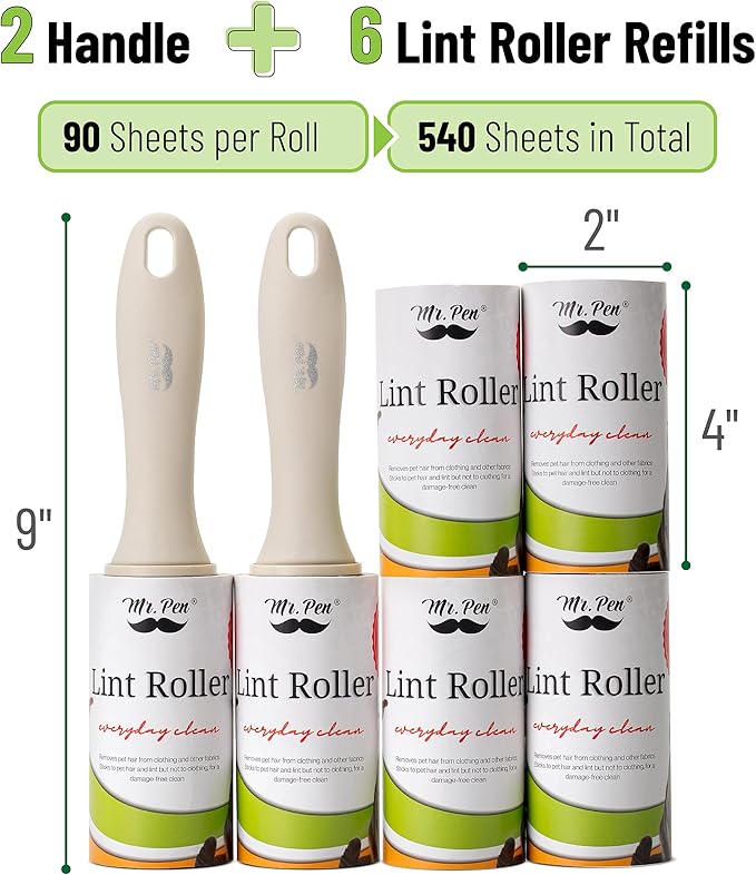 Mr. Pen- Lint Rollers, 2 Handle with 6 Refills, 540 Sheets, Extra Sticky Lint Remover for Clothes, Lint Roller for Pet Hair, Pet Hair Roller, Sticky Roller, Lint Roller for Clothes, Lint Removers