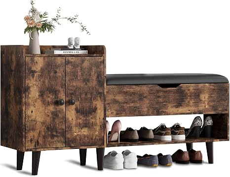 ZOPEND 50" Entryway Shoe Bench with Hidden Storage,Shoe Organizer Storage Bench with Shelf and Cabinet Entryway Bench fo