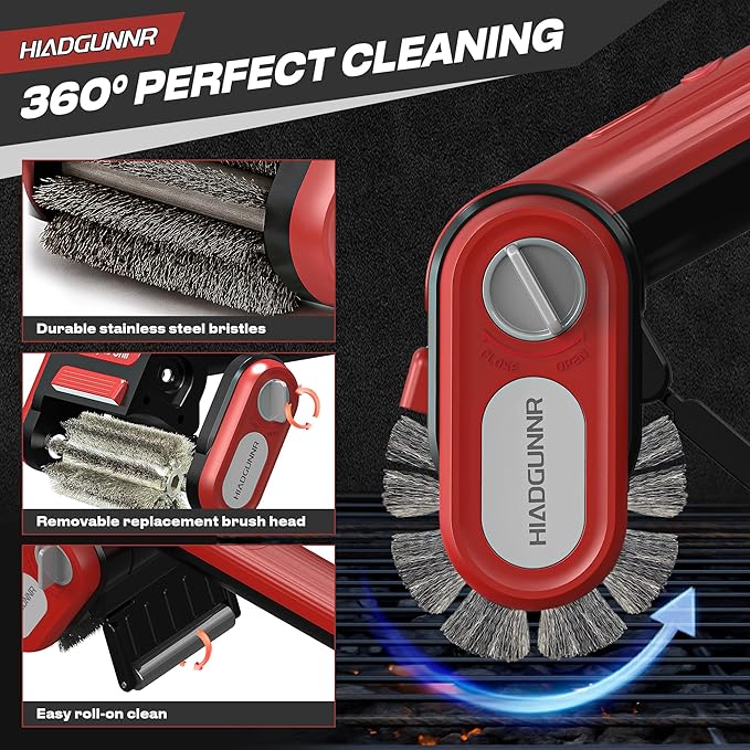 Electric Grill Brush, Grill Cleaner with LED Light, 700–800 RPM Stainless Steel Bristles, 304 Removable Brush Head, Cordless & Type-C Rechargeable Grill Cleaning Tool for Outdoor BBQ