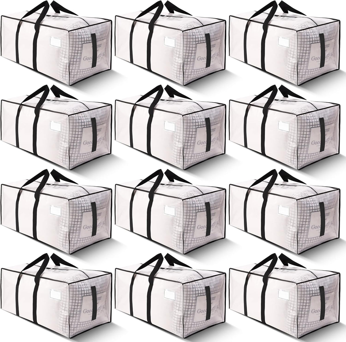 Supports 200lbs Heavy Duty Moving Bags - Strong Zipper & Wrap-Around Handles - Water-Resistant Storage Totes, Durable Alternative to Moving Boxes - 12 Pack - Semi-Transparent