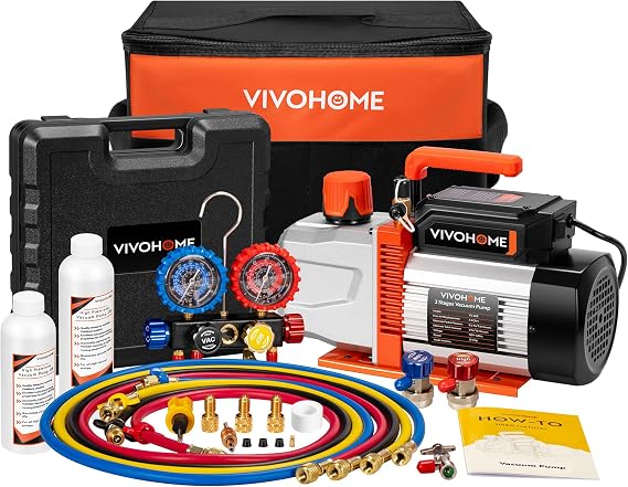 VIVOHOME VG Series 3/4 HP 7.2CFM 2 Stage AC Vacuum Pump and 4 Way Gauge Set