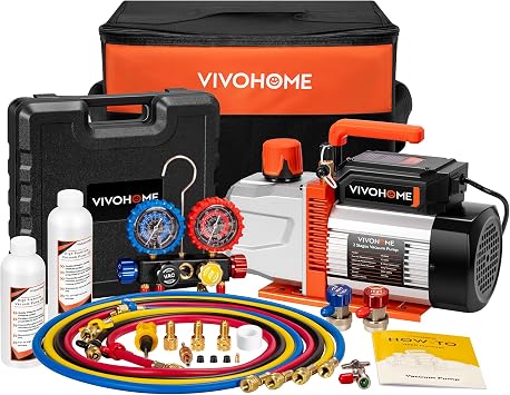 VIVOHOME VG Series 3/4 HP 7.2CFM 2 Stage AC Vacuum Pump and 4 Way Gauge Set