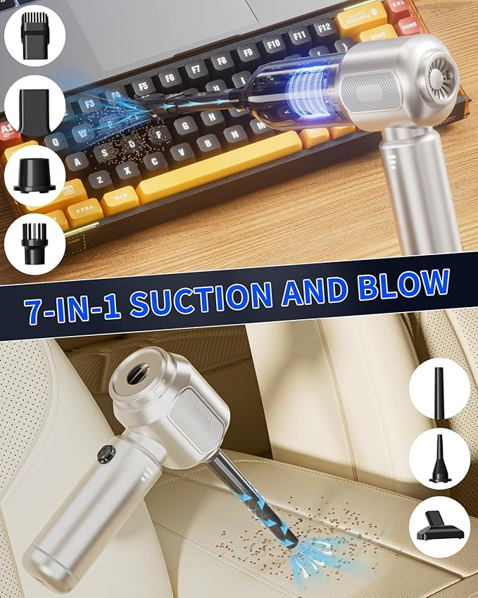 Handheld Vacuum Cordless, 16000Pa Strong Suction Car Vacuum Cleaner Rechargeable, 2-in-1 Blow & Suction, 140W High Power Hand Vacuum for Car, Desk, Keyboards, Pet Hair