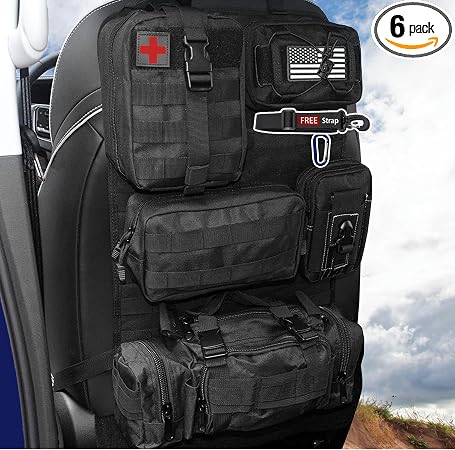 6 Pack Tactical Molle Automotive Seat Back Organizer Tactical Vehicle Panel Organizer with 5 Detachable Molle Pouch for 