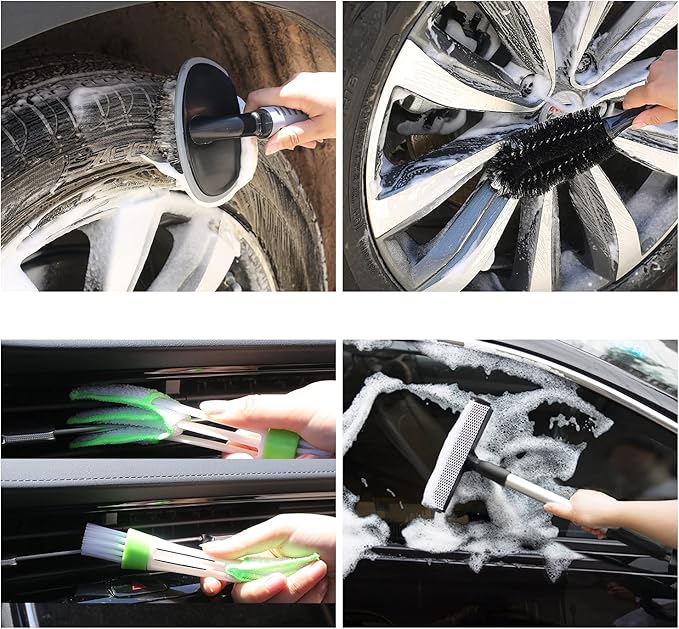 22Pcs Car Wash Cleaning Tools Kit Car Detailing Set with Canvas Bag Pink Collapsible Bucket Wash Mitt Sponge Towels Tire Brush Window Scraper Duster Complete Interior Car Care Kit