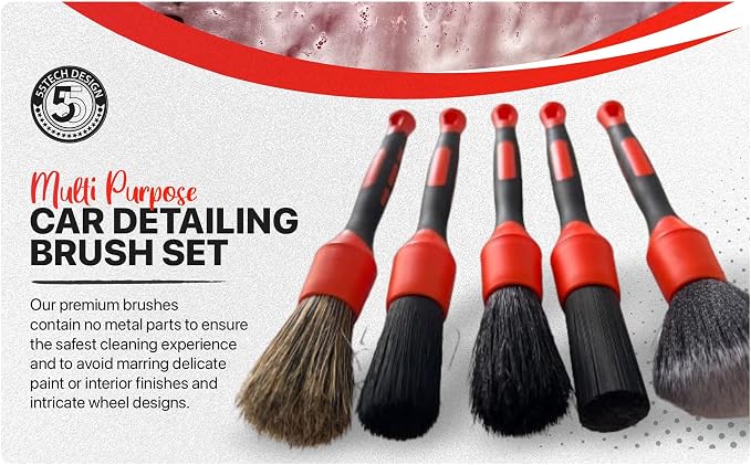 Preimum Car Detailing Brush Set - 5 Pack Auto Detail Kit for Automotive, Soft to Firm Brushes for Cleaning and Polishing