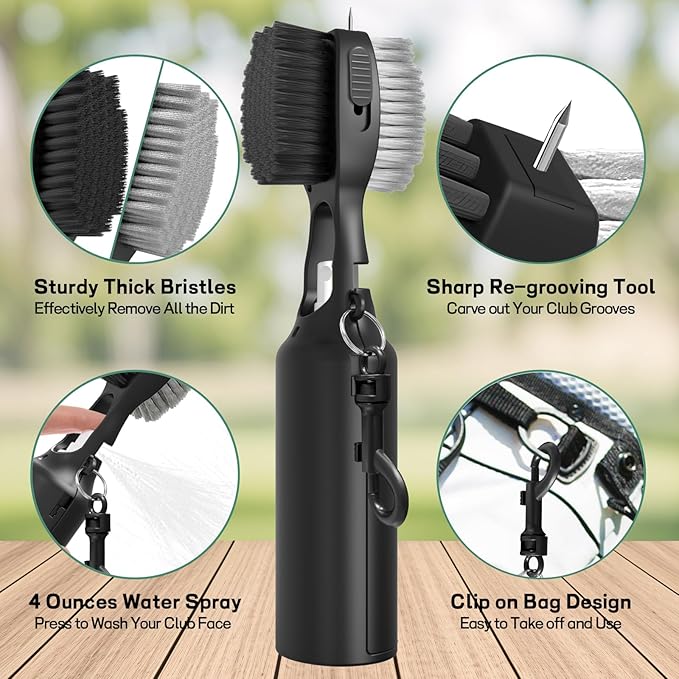 THIODOON 2 Pack Golf Club Brushes and Groove Cleaner 2 ft Retractable Zipline Carabiner Golf Brush Head with Retractable Spike Comfortable Grip Golf Club Cleaner
