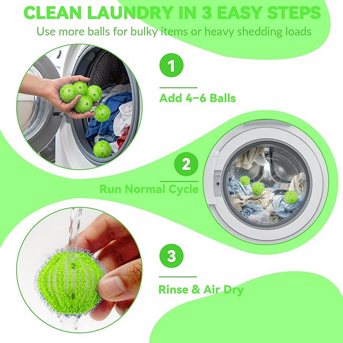 6 Pack Pet Hair Remover for Laundry, Reusable Dog & Cat Hair Catcher, Washer & Dryer Safe Laundry Balls, Anti-Tangle Design, Helps Remove Lint & Fur from Clothes, Bedding & Blankets (Green White)