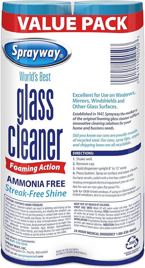Sprayway Glass Cleaner Foaming Aerosol Spray, 19oz, Pack of 2 | Ammonia-Free, Streakless, Fast-Acting | Cleans & Polishes Glass Surfaces | Fresh Scent, Removes Fingerprints, Dust, Dirt, Smoke Film