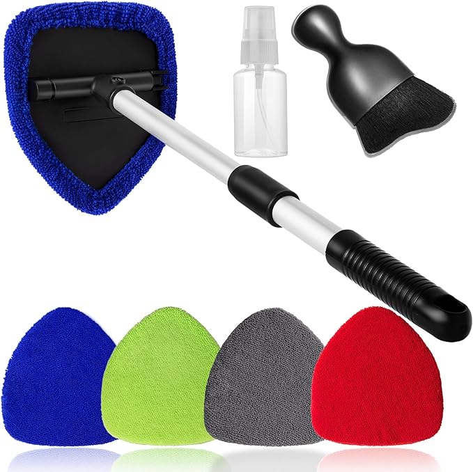 Qydipclin 7pcs Windshield Cleaner Tool Car Window Cleaning Wash Kit with 4 Reusable Microfiber Pads 1 Spray Bottle and Extendable Handle Auto Glass Wiper Kit, Multicolor