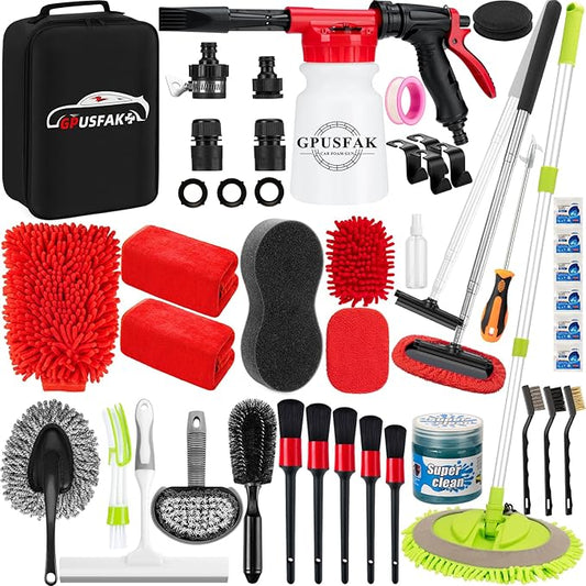 40Pcs Car Wash Cleaning Kit with Foam Gun Sprayer Detailing Brushes Wash Mop Windshield Cleaning Tool Tire Brush Towels Complete Interior Exterior Detailing Set for Car