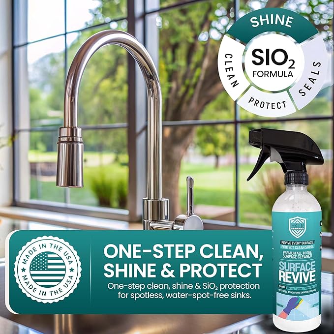 Fixture Shield Revive Kitchen and Bathroom Cleaner with SiO₂ Multi‑Surface Cleaner Spray for Home Cleaning – Streak‑Free Stainless Steel, Glass, Tile & Countertop Shine and Protectant