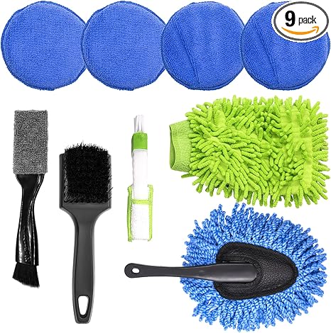 9Pcs Auto Cleaning Tools Set Contains Wheel Brush, Wash Mitt Microfiber, Foam Sponge Wax Applicator, Extendable Handle I