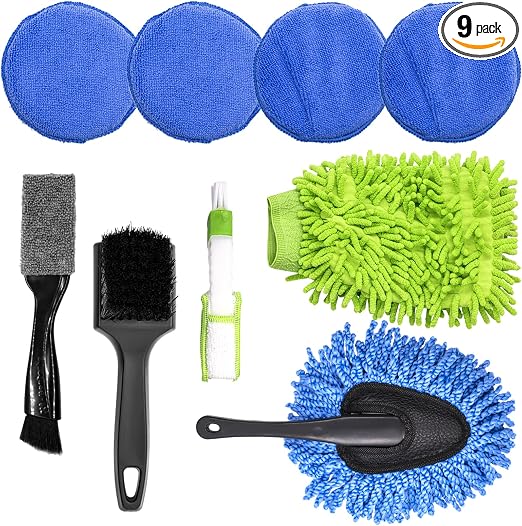9Pcs Auto Cleaning Tools Set Contains Wheel Brush, Wash Mitt Microfiber, Foam Sponge Wax Applicator, Extendable Handle I